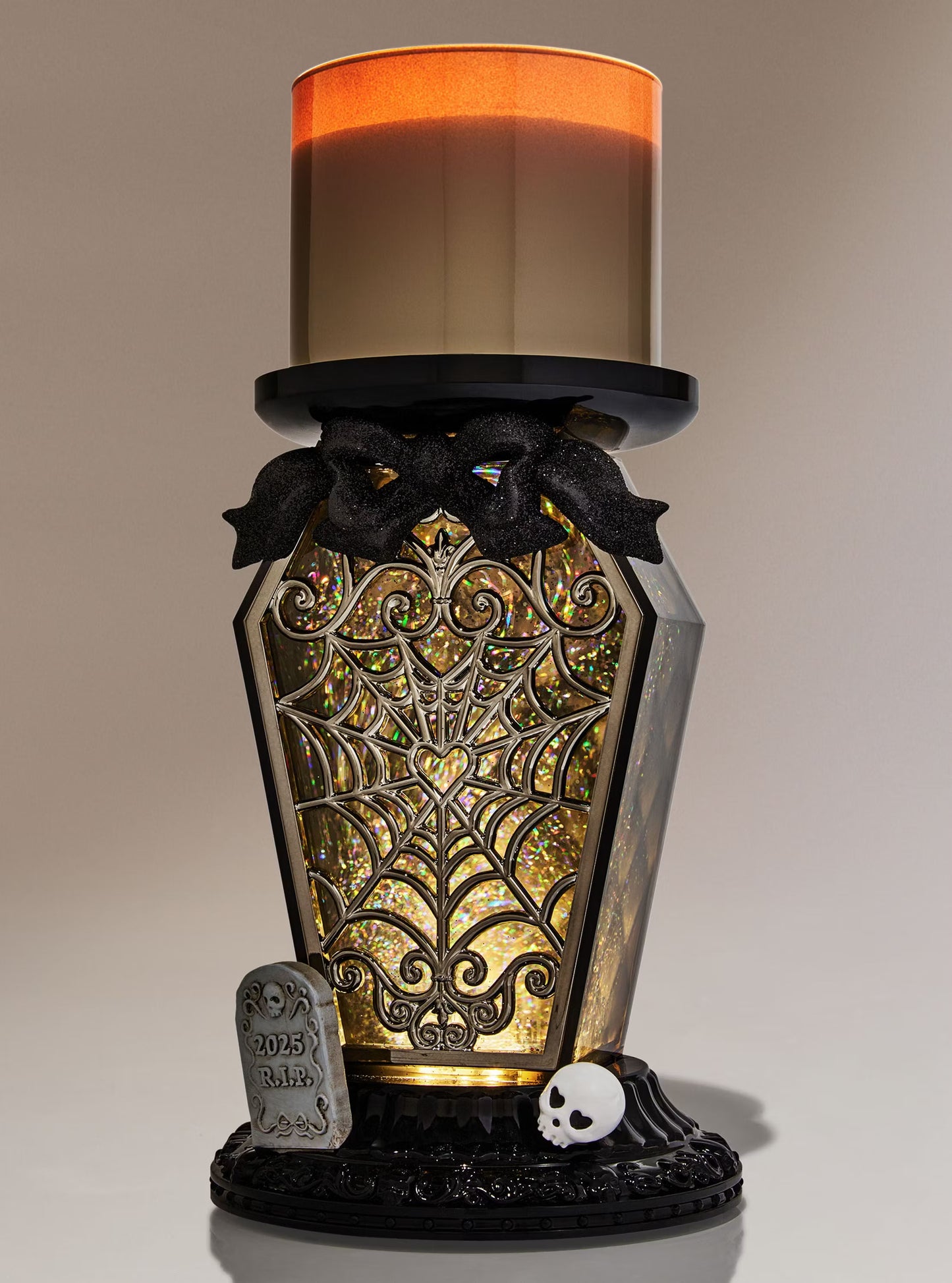 Light-Up Coffin Waterglobe 3-Wick Candle Holder